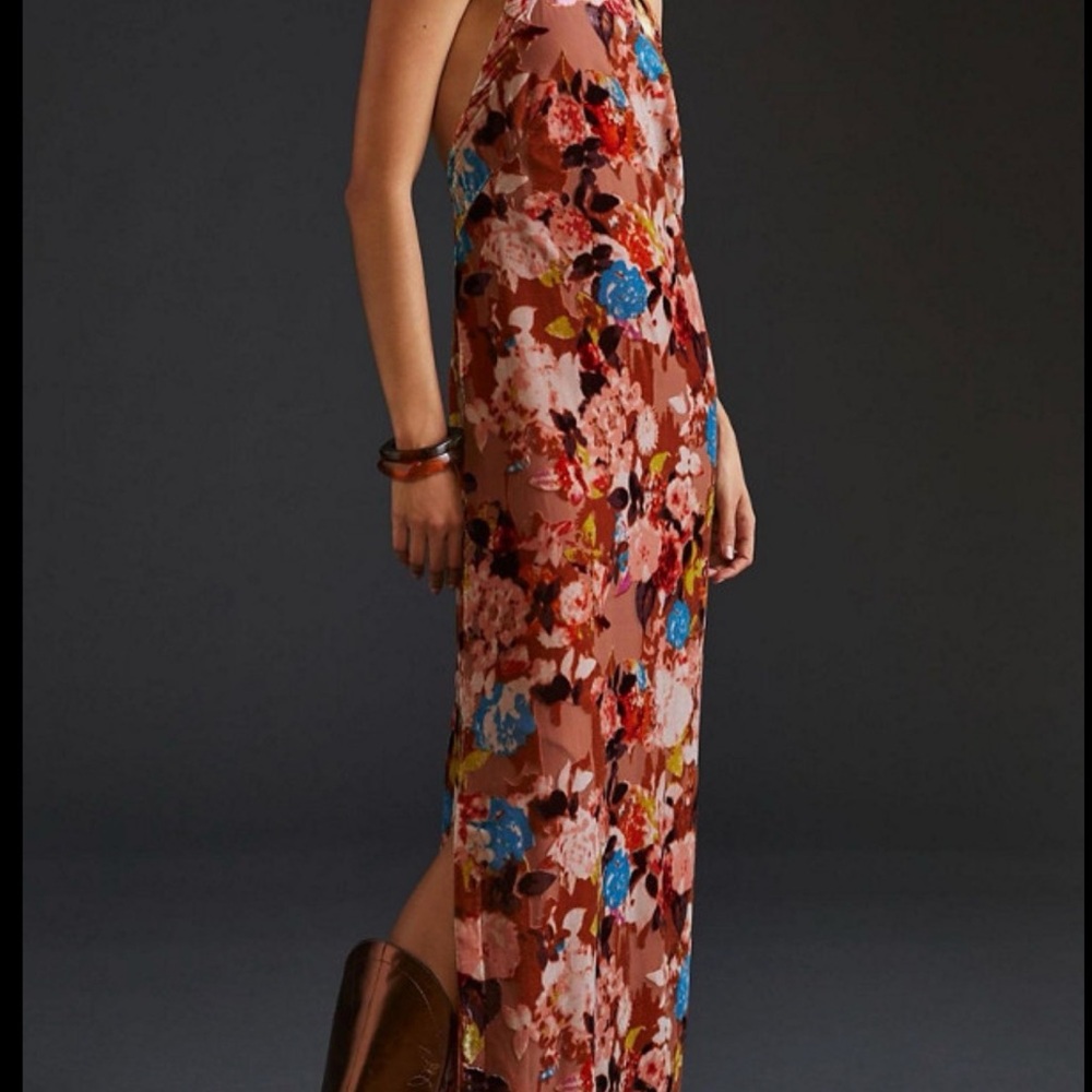 Anthropologie Halter Velvet Maxi Dress in a pink multi floral print. $220 NWT - Picture 2 of 5